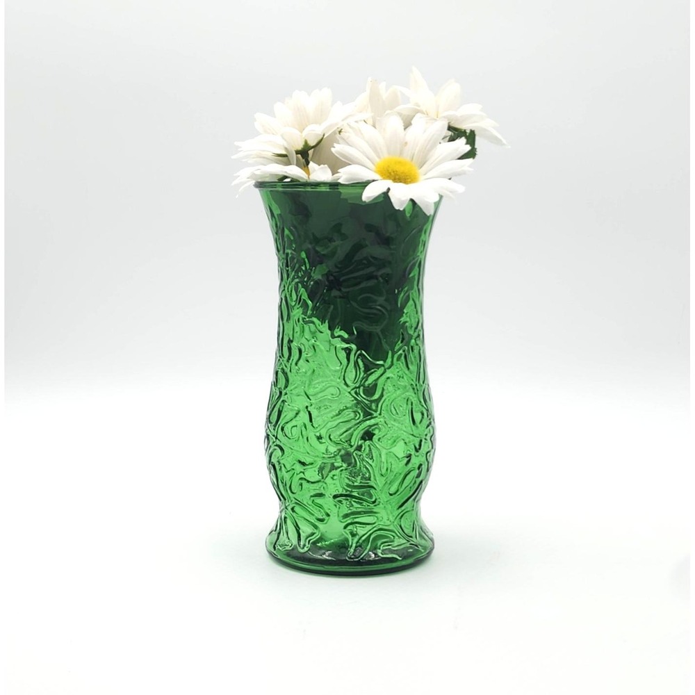 Vintage EO Brody Co Green Glass Vase 9.5" Crinkle Bark Text A10 Mid Century